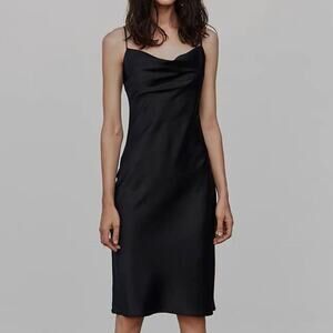 Simple Retro True Black Satin Jacquard Midi Spaghetti Strap Slip Dress Medium